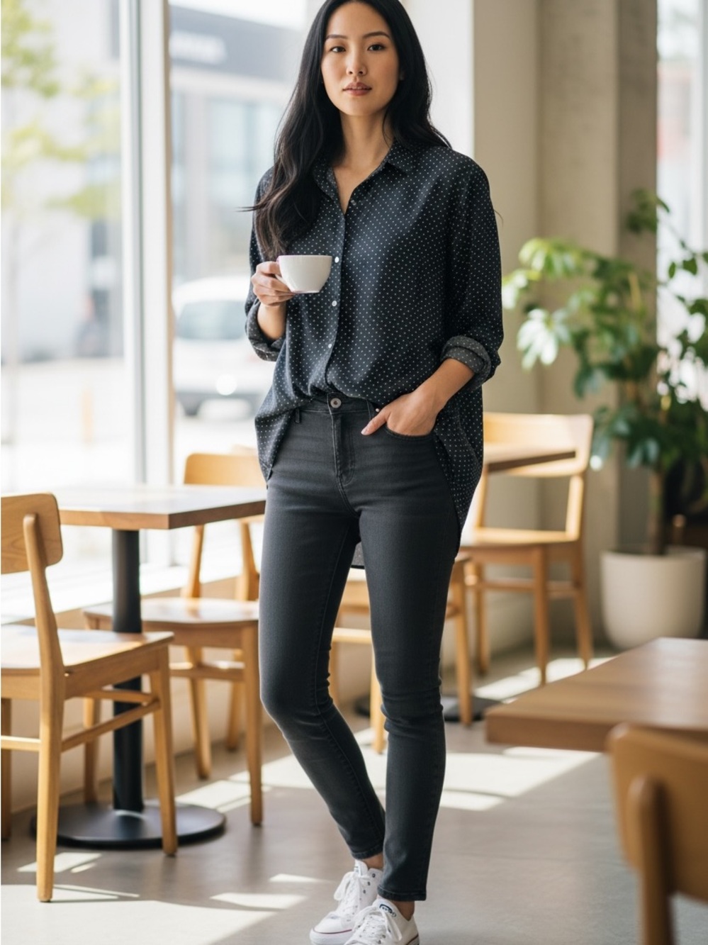 Lands' End Black Shirt with White Polka Dots